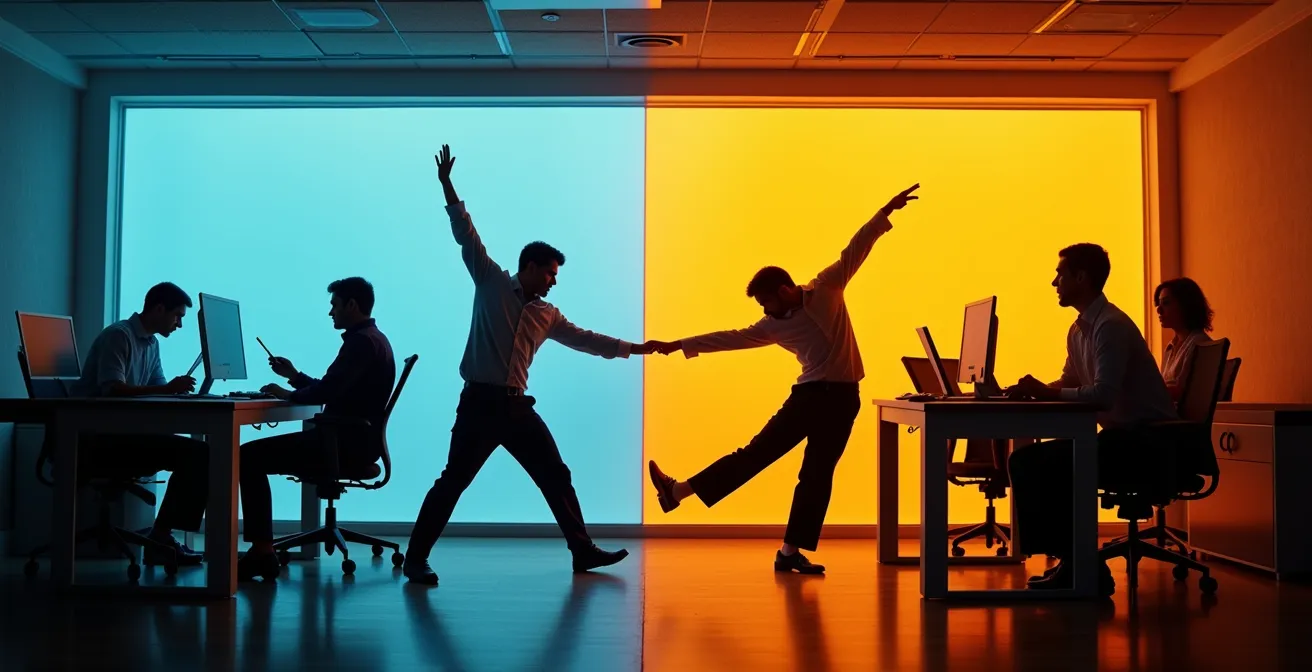 Büromitarbeiter bei kurzer Bewegungspause mit Dehnübungen am Arbeitsplatz