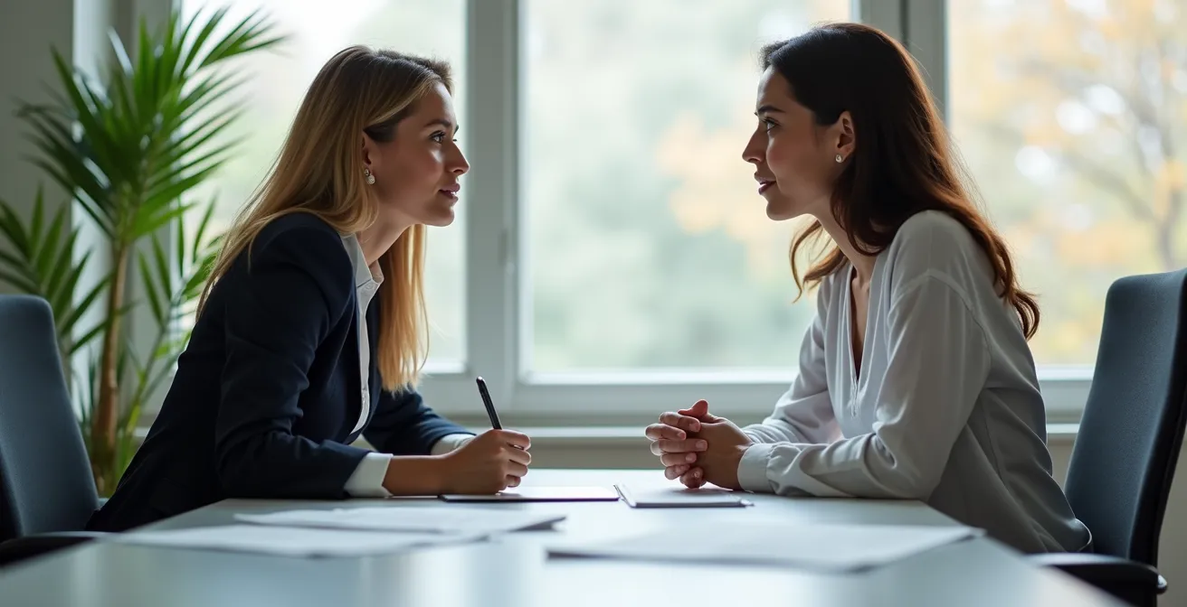 Professionelles Gespräch zwischen Arbeitnehmer und Vorgesetztem über Nebentätigkeit