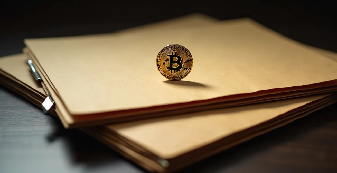 Ordner mit Steuerunterlagen und Bitcoin-Symbol für Finanzamt-Dokumentation