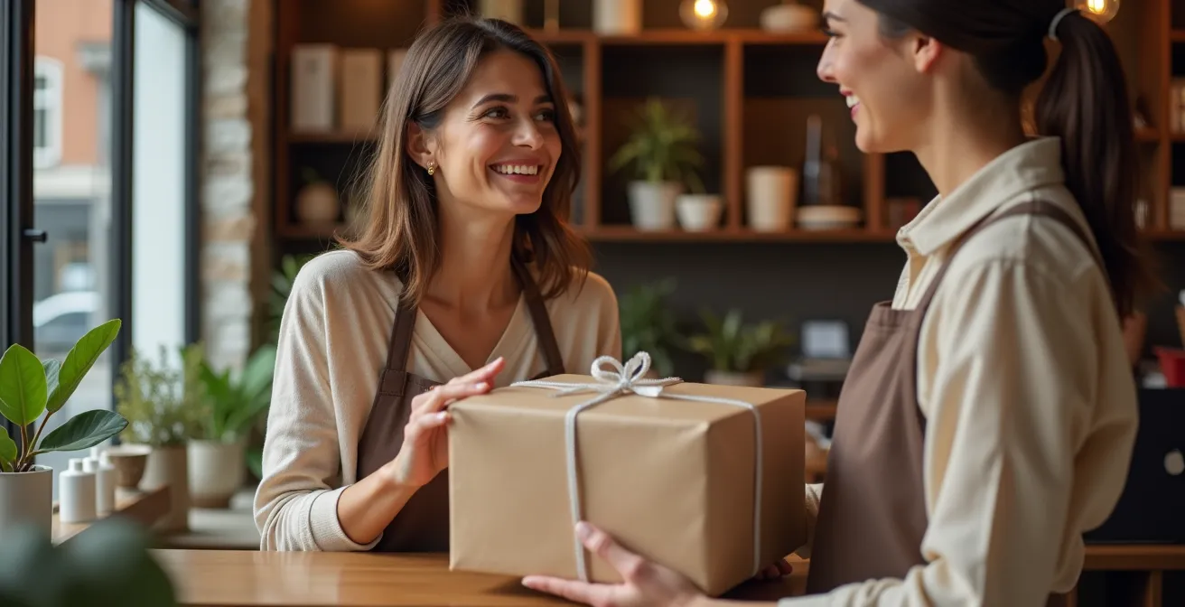 Kundin beim Abholen ihrer Online-Bestellung im lokalen Geschäft