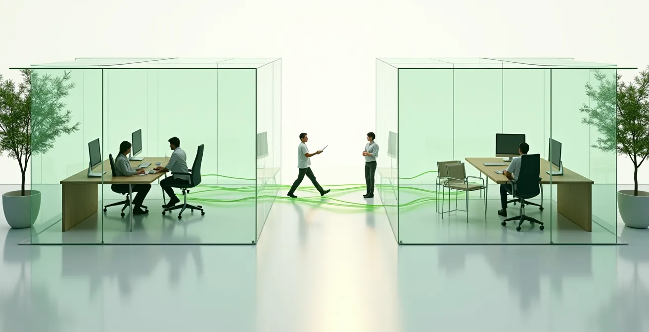Visualisierung der CO2-Berechnung für hybride Teams mit Datenströmen zwischen Büro und Homeoffice
