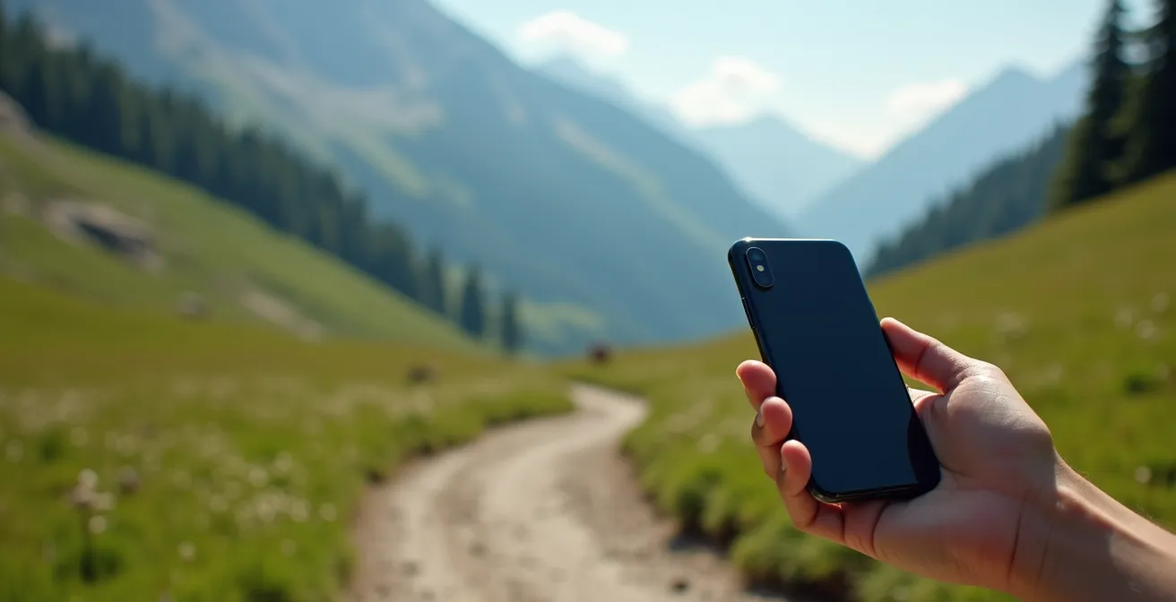 Ein Smartphone, das vor einer unberührten Landschaft gehalten wird und den Einfluss der digitalen Welt auf die Natur symbolisiert.