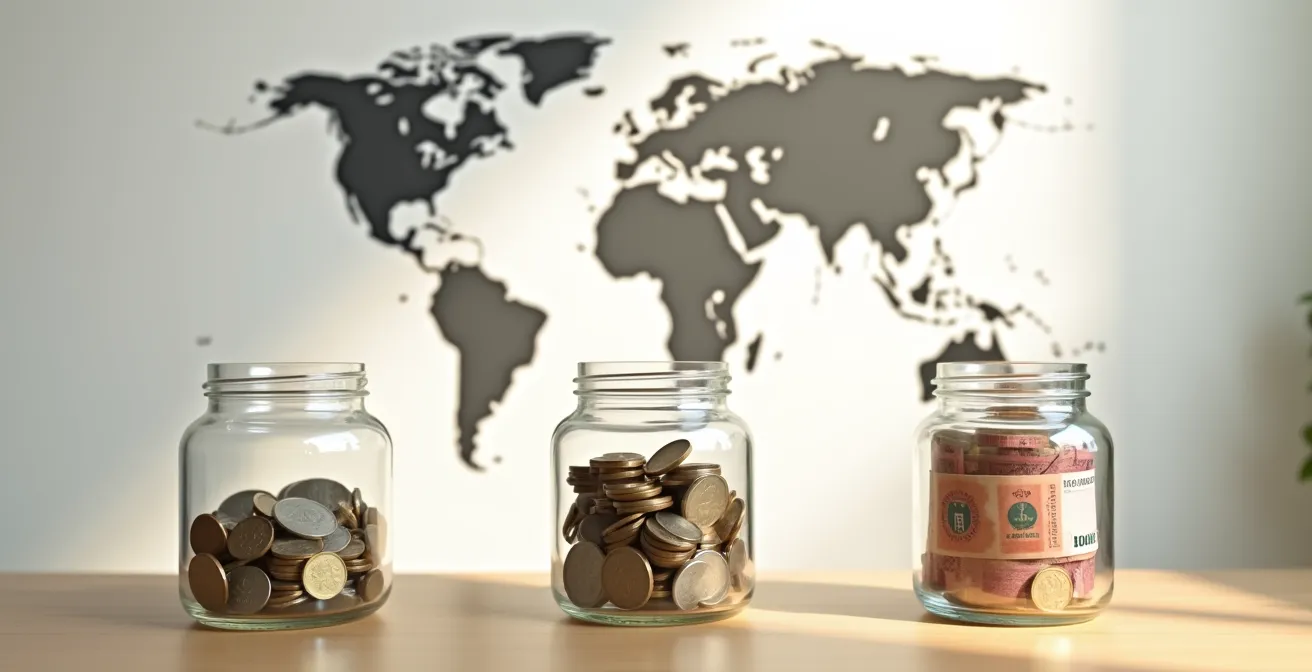 Visuelle Darstellung der drei Budgetsäulen für die Finanzierung einer Weltreise, dargestellt durch drei Gläser mit Münzen.