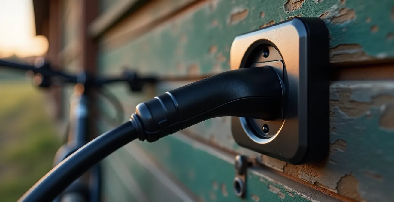 E-Bike wird an einem ländlichen Gasthof geladen
