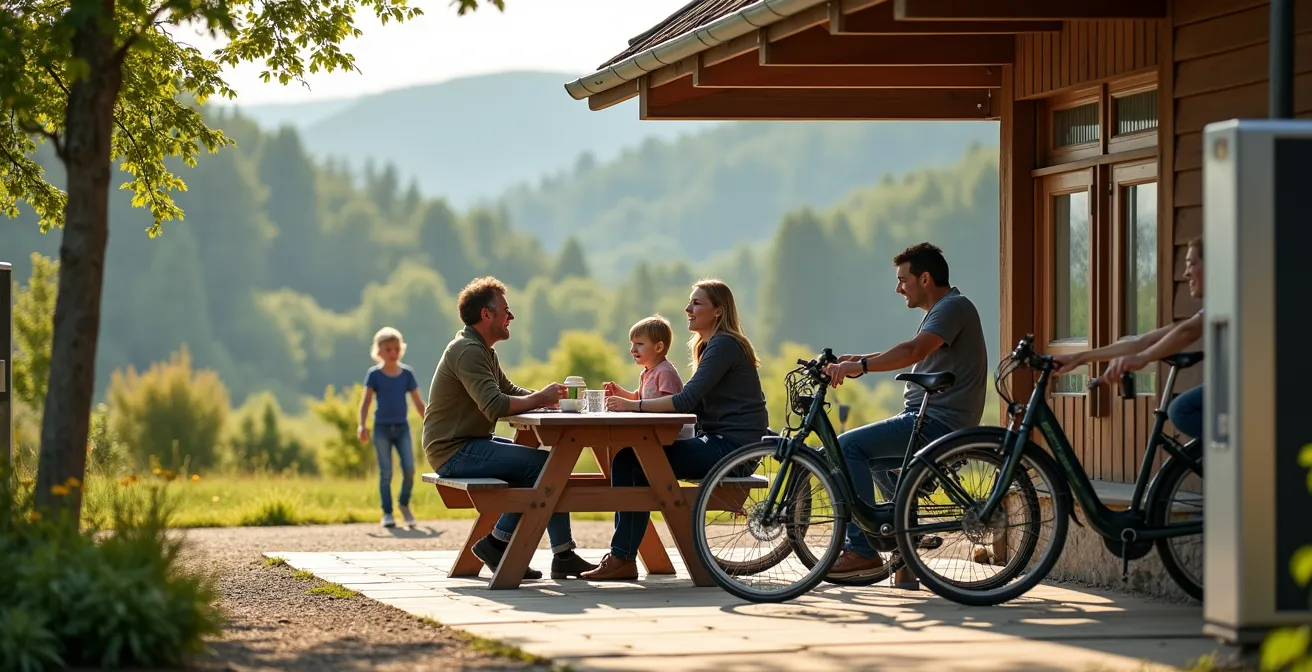 Familie macht Pause an ländlicher E-Bike-Ladestation mit Spielplatz