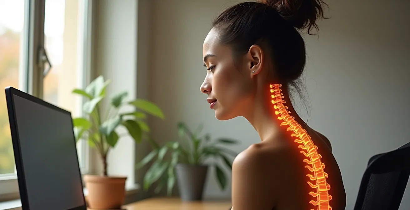 Seitliche Ansicht einer Person am ergonomisch optimierten Arbeitsplatz mit korrekter Haltung