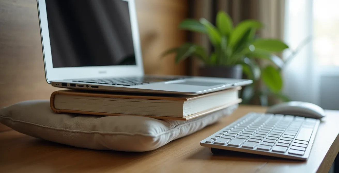 Improvisierter ergonomischer Arbeitsplatz mit Laptop auf Bücherstapel und externer Tastatur im Hotelzimmer