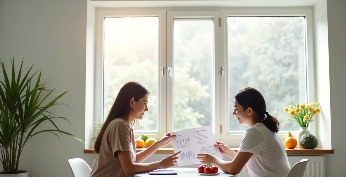 Patient und Beraterin besprechen Fortschritte anhand von Diagrammen und Notizen