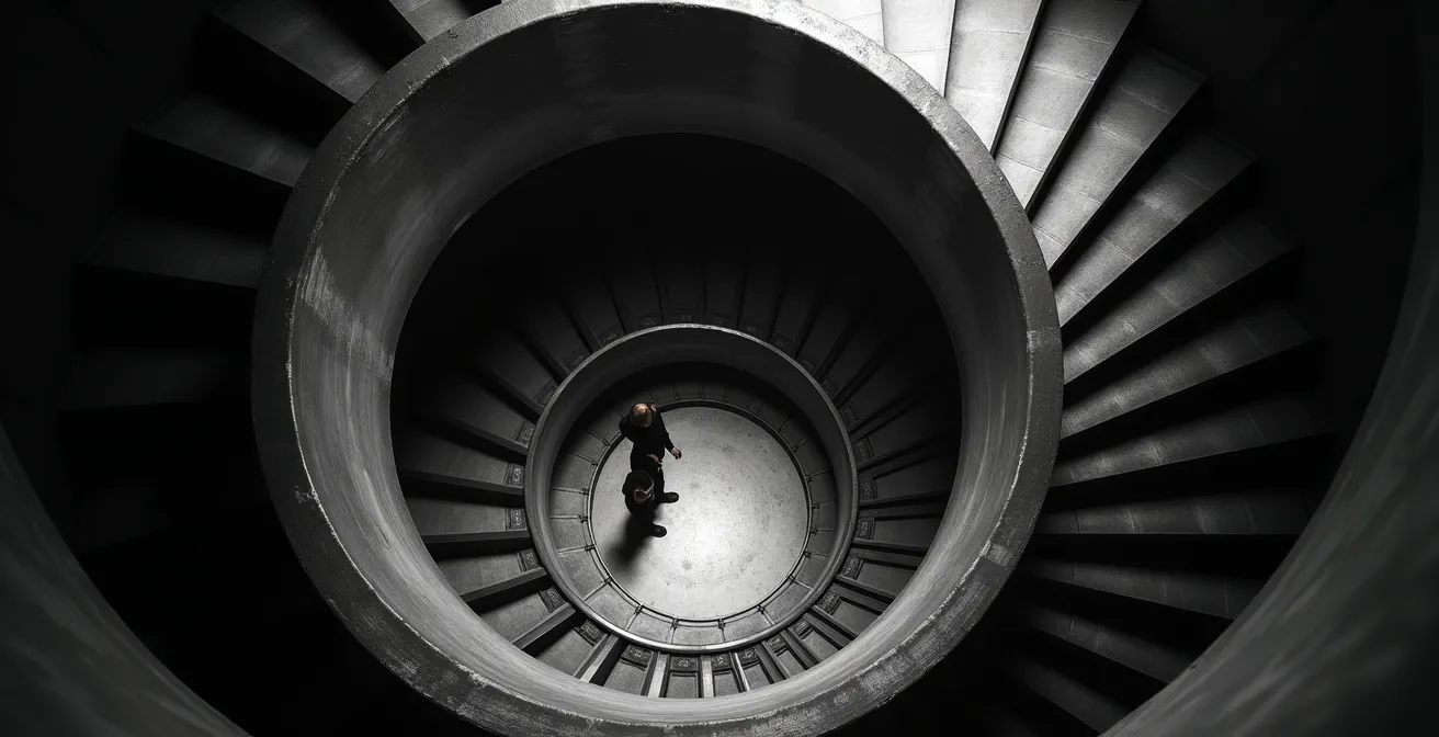 Symbolische Darstellung einer endlosen Spiraltreppe von oben, die den nie endenden Zyklus der Selbstoptimierung symbolisiert.