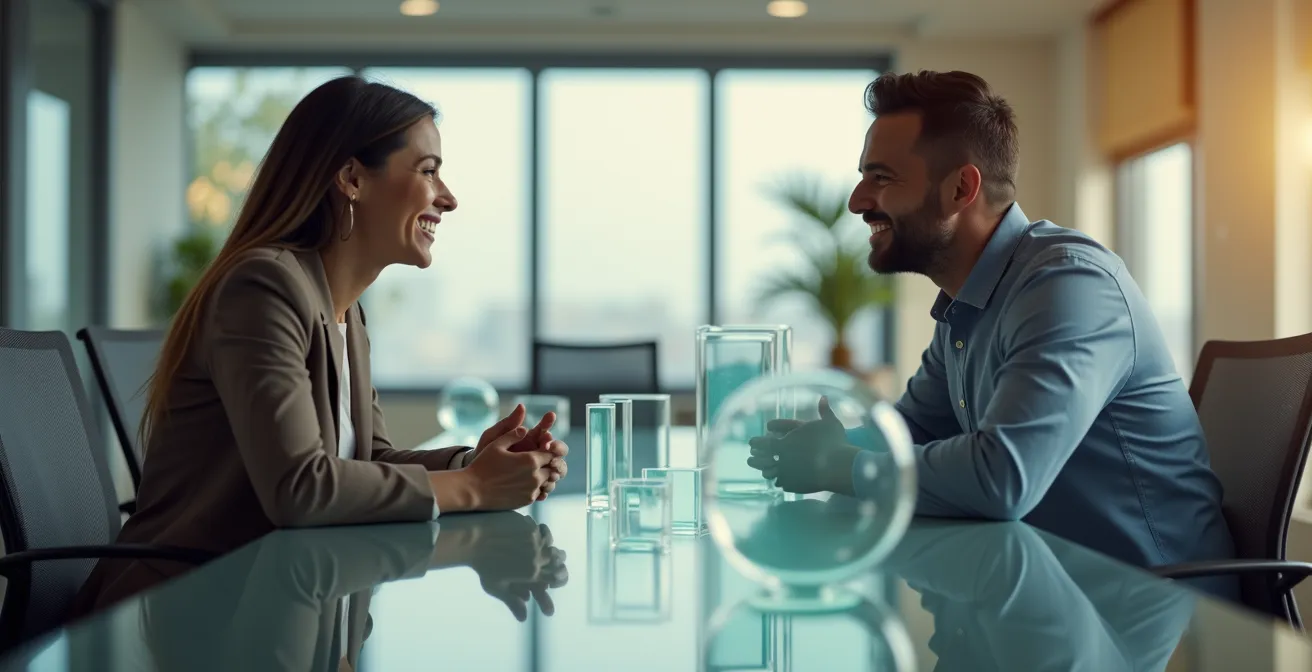 Zwei Führungskräfte im Tandem-Austausch mit visualisierter Aufgabenverteilung