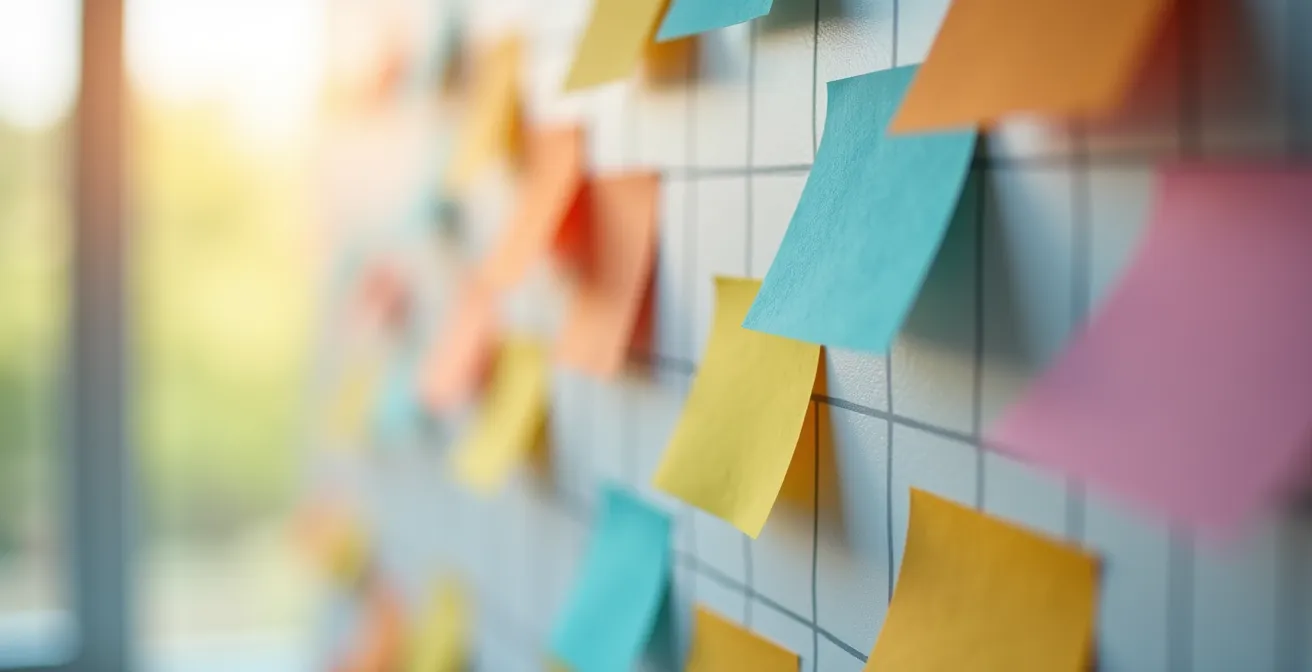 Nahaufnahme eines physischen Kanban-Boards mit farbigen Karten in verschiedenen Workflow-Spalten