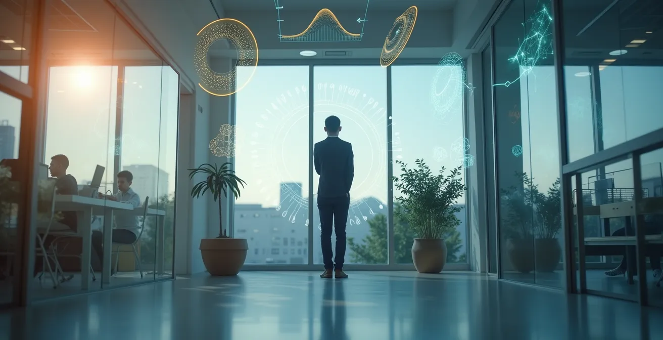 Person analysiert komplexe Dokumente mit KI-Unterstützung in ruhiger Arbeitsumgebung