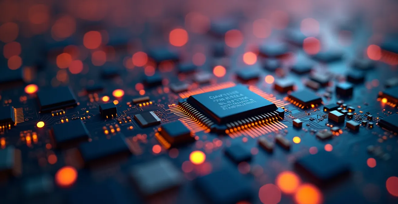 Makroaufnahme digitaler Datenverarbeitung mit KI-Unterstützung