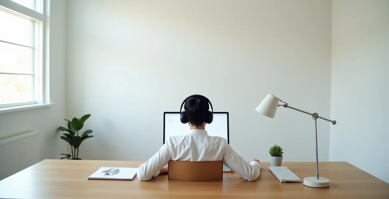 Konzentrierte Person arbeitet mit Kopfhörern am aufgeräumten Schreibtisch im Homeoffice