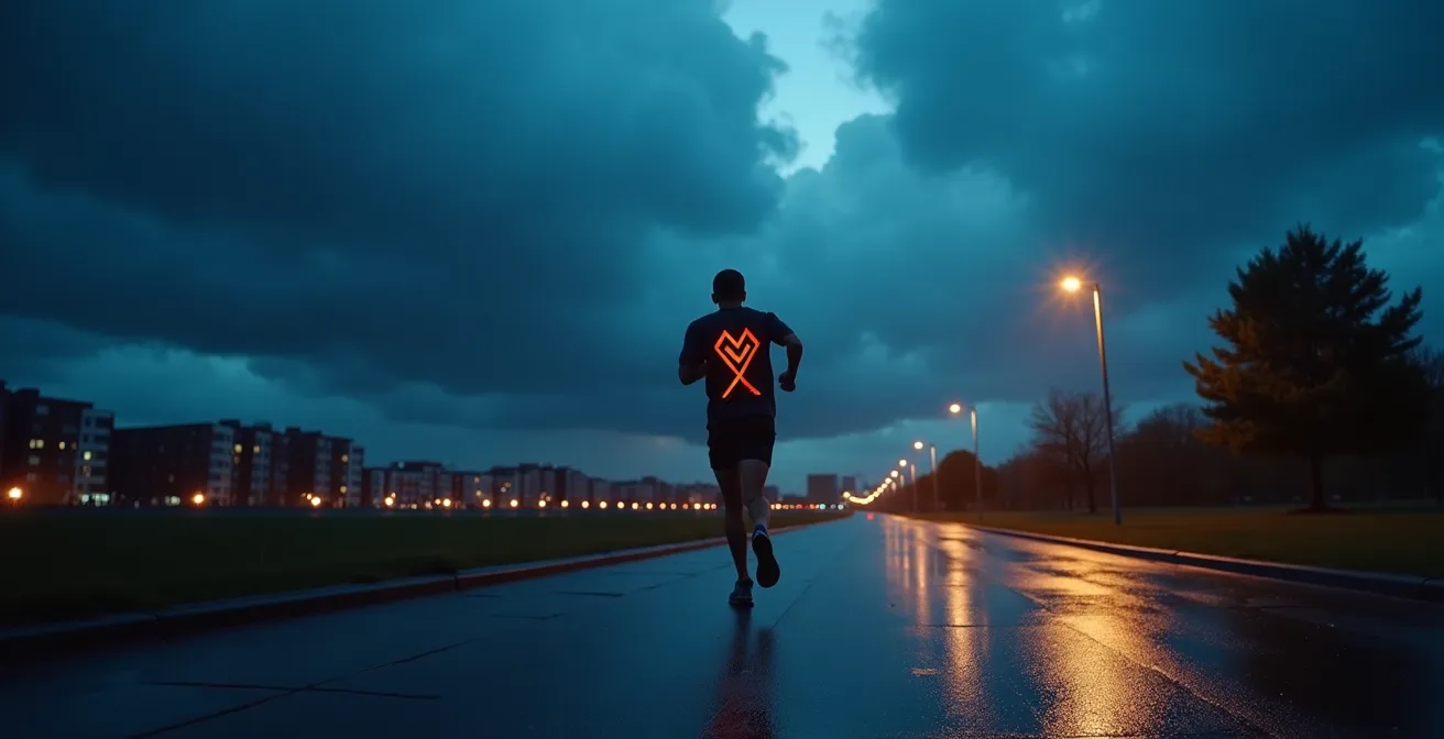 Läufer mit Stirnlampe und Reflektoren auf regennasser Straße