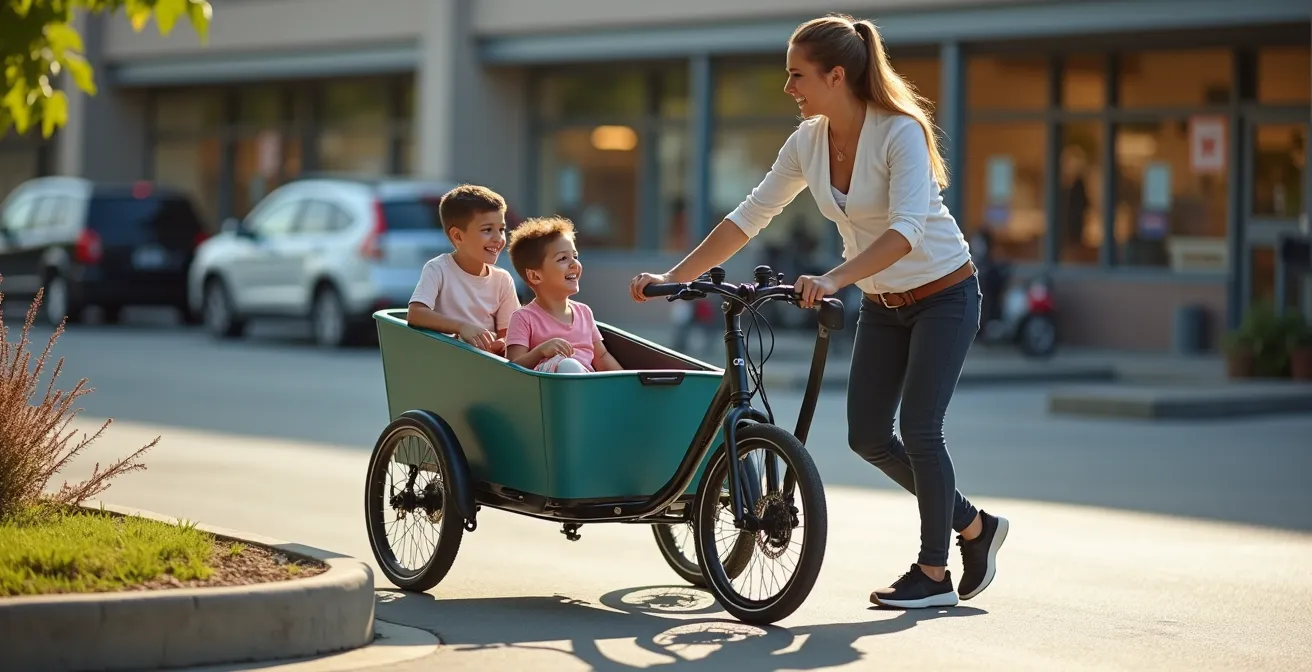 Praktischer Test eines Lastenrads mit Kindern auf einem Supermarktparkplatz