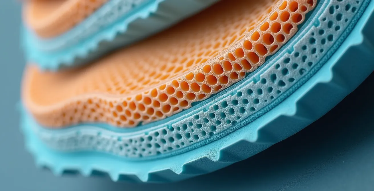 Detailaufnahme eines Laufschuhs mit sichtbarer Dämpfungstechnologie