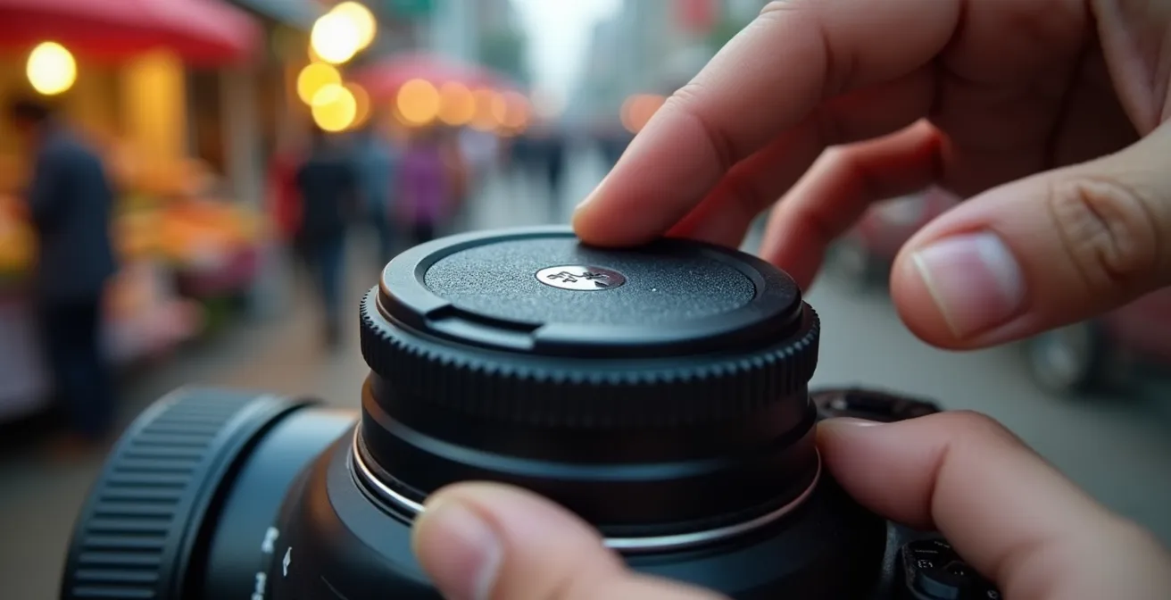Extreme Nahaufnahme einer Kamera, bei der der Objektivdeckel aufgesetzt wird, als Symbol für kulturelle Sensibilität und Respekt.