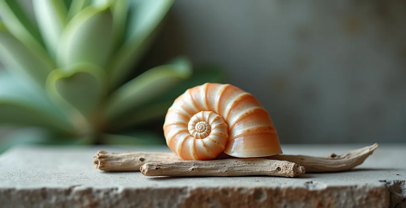 Stilvolle Präsentation von Treibholz und Muscheln in minimalistischem Ambiente