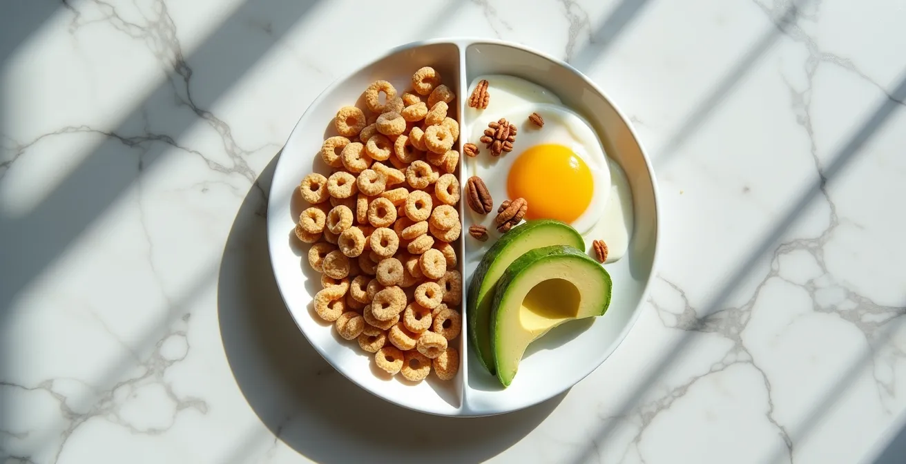 Zwei Frühstücksteller im direkten Vergleich zeigen gesunde und ungesunde Varianten