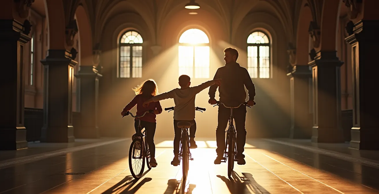 Familie navigiert fröhlich mit Rädern durch historischen Bahnhof