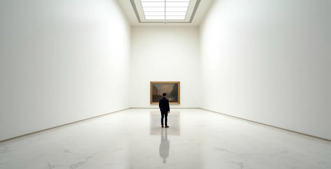 Besucher betrachtet Kunstwerk in ruhiger Museumsgalerie mit natürlichem Licht