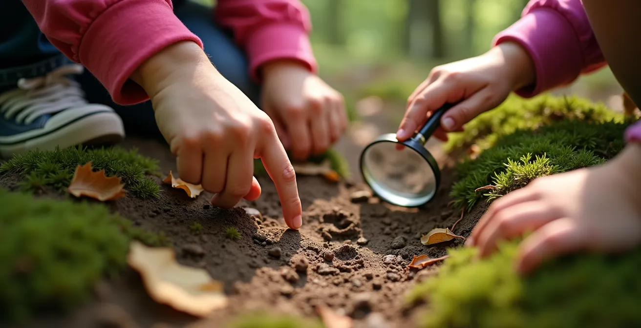Kinder untersuchen behutsam Tierspuren am Waldweg ohne die Natur zu stören
