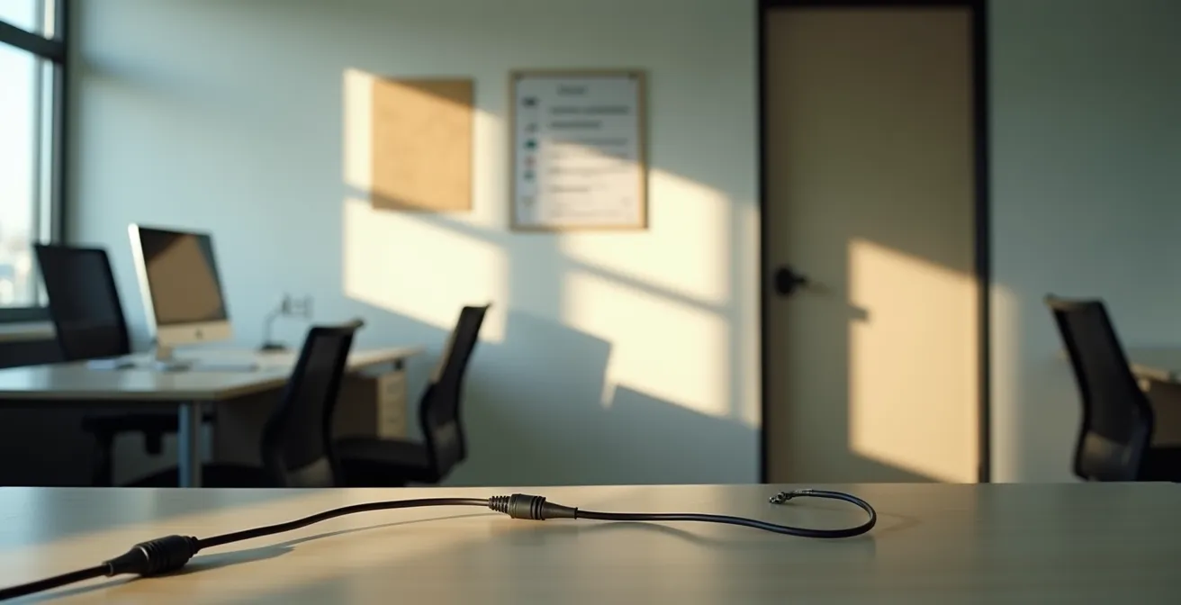 Weitwinkelaufnahme eines leeren Büros mit ausgedruckter Notfall-Checkliste an der Wand und getrennten Netzwerkkabeln