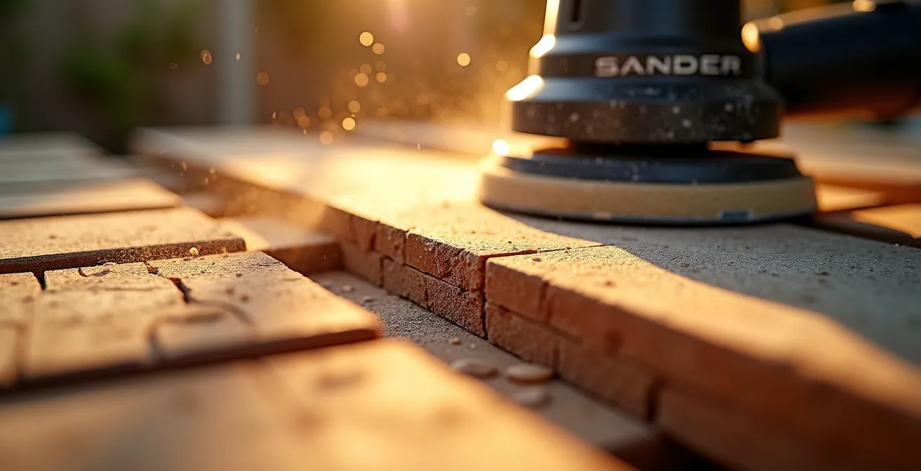 Detailaufnahme des Schleifprozesses bei Palettenholz mit sichtbarer Maserung