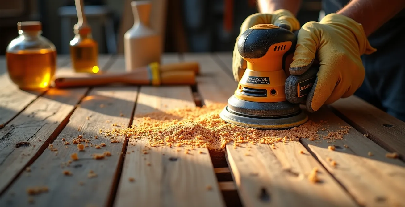 Handwerkliche Bearbeitung von Palettenholz mit Schleifgerät und natürlichen Ölen