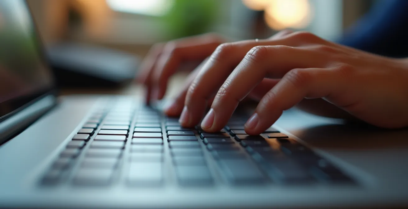 Nahaufnahme von Händen die eine Passphrase auf einer Tastatur tippen, verschwommene Büroumgebung im Hintergrund