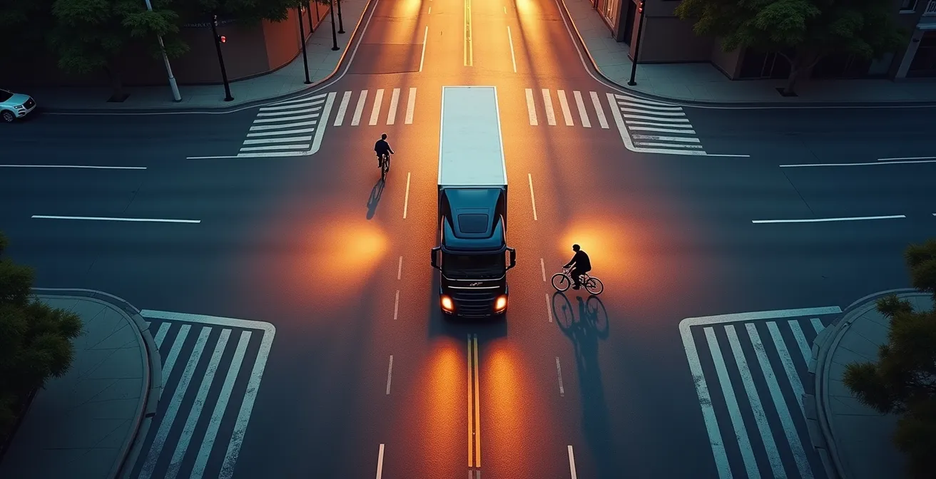 Vogelperspektive einer Kreuzung mit markierten Sicherheitszonen für Radfahrer