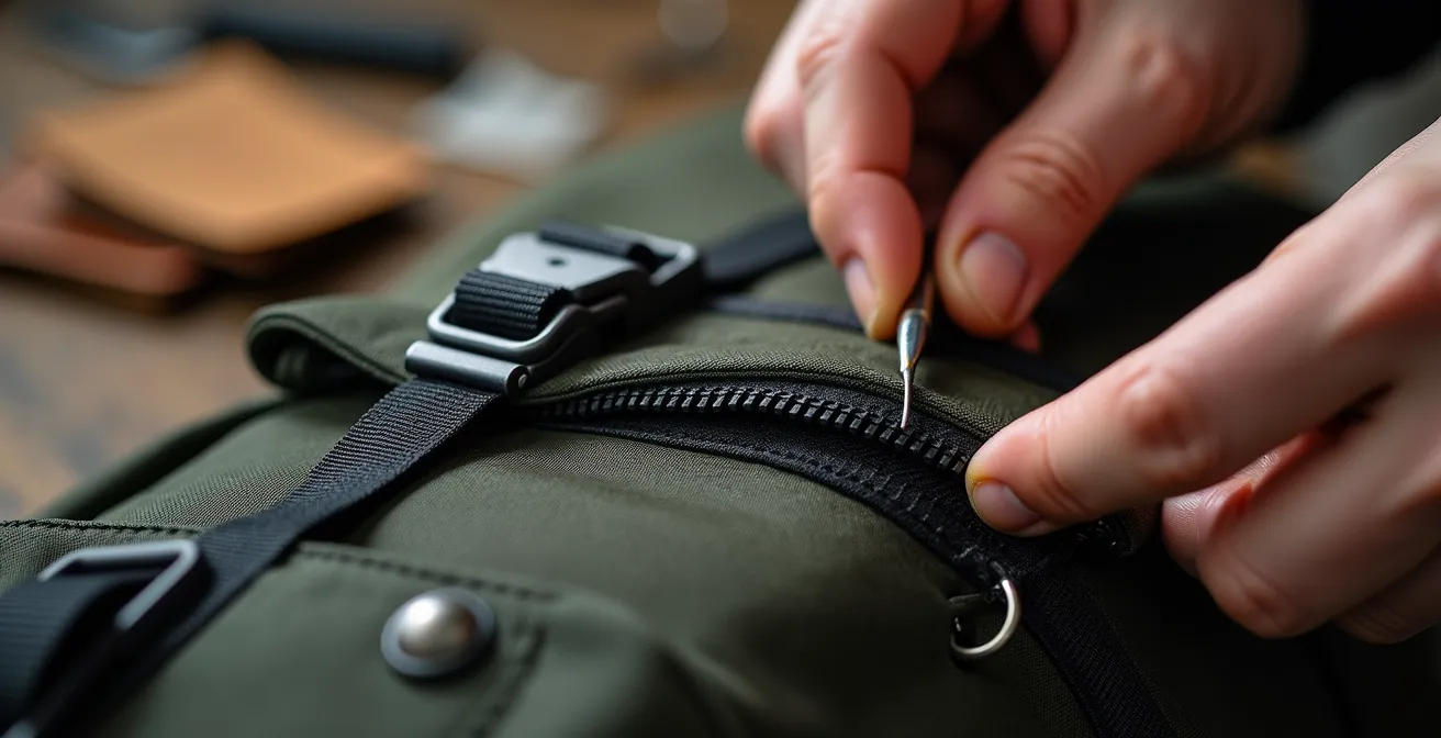 Detailaufnahme von robusten Rucksack-Materialien und Reparaturwerkzeugen in einer Werkstatt, die Nachhaltigkeit symbolisiert