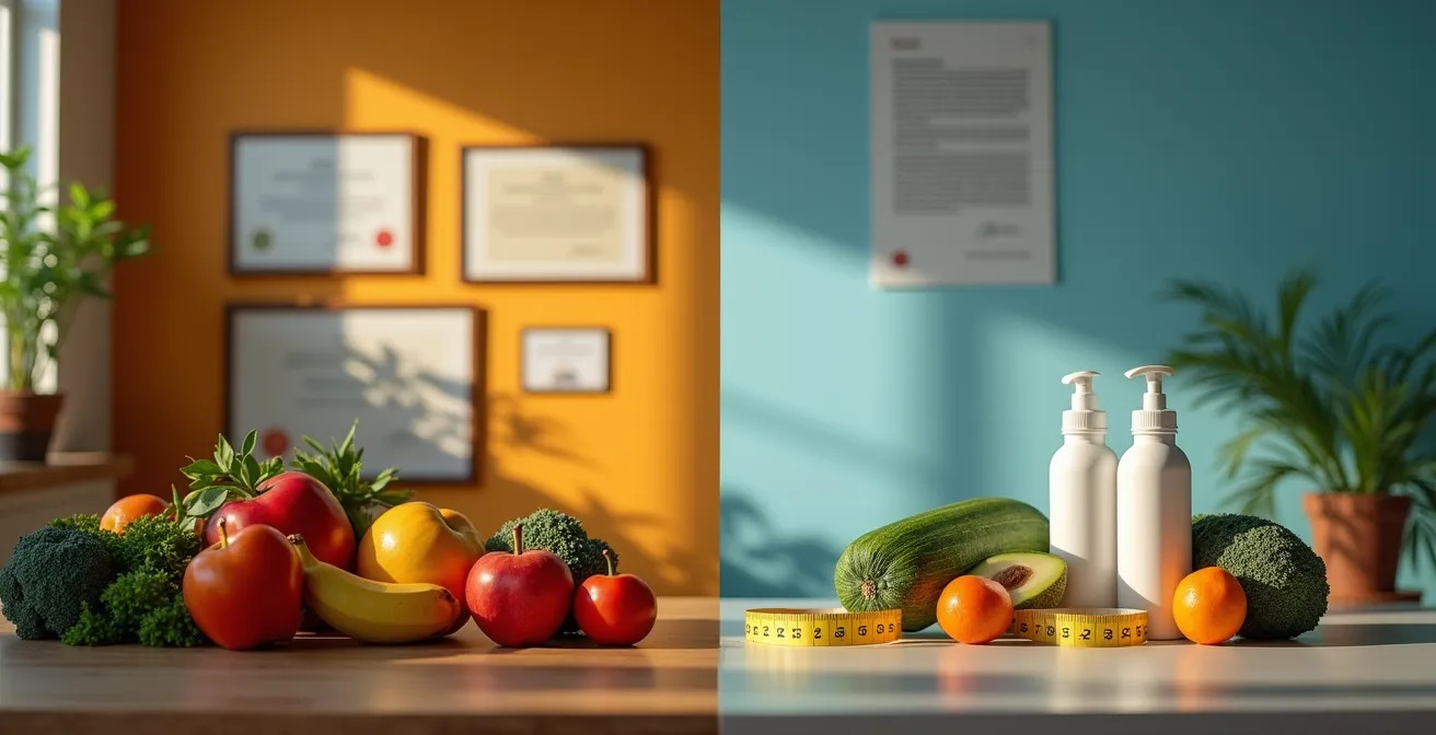 Zertifizierte Ernährungsberaterin zeigt Qualifikationsnachweise im Beratungsraum