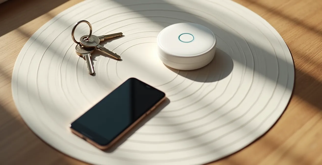 Smartphone mit Smart-Home-App zeigt Geofencing-Radius um Haus mit automatischen Heizungssteuerungen