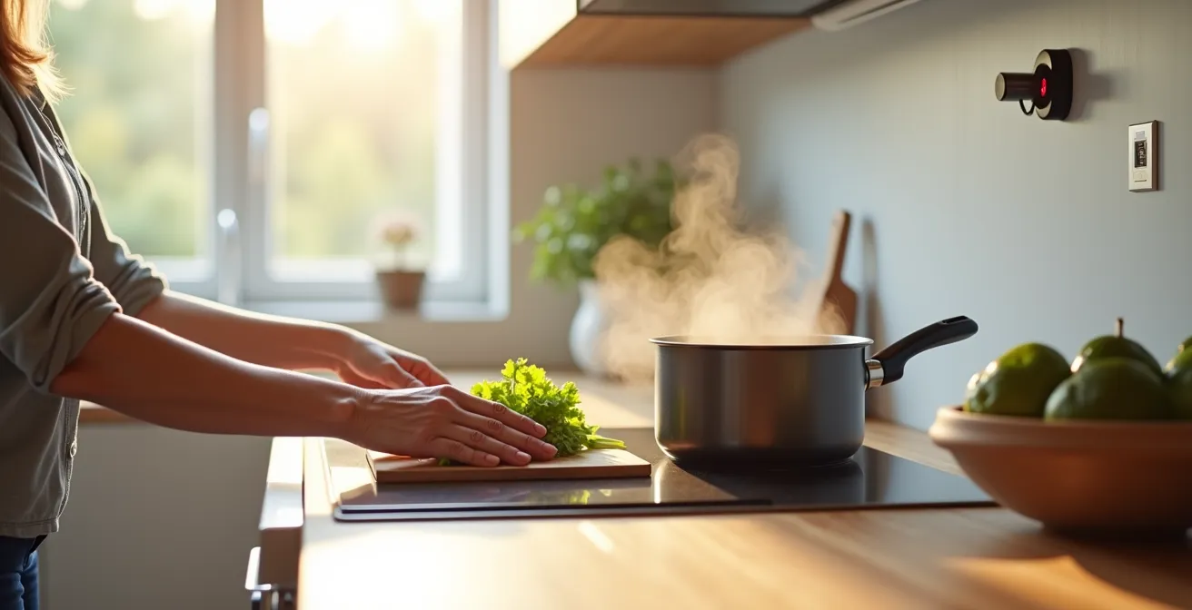 Moderne Küche mit unsichtbar integrierten Sicherheitssensoren für Demenzprävention