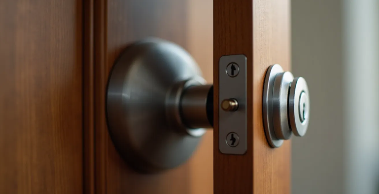 Nahaufnahme eines smarten Türschloss-Aufsatzes an einer Wohnungstür ohne sichtbare Beschädigung