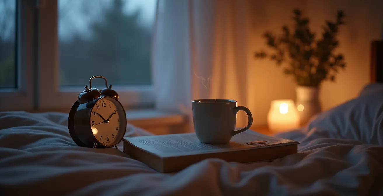 Entspannte Schlafzimmeratmosphäre mit einem analogen Wecker, einem Buch und einer Tasse Tee anstelle digitaler Geräte.