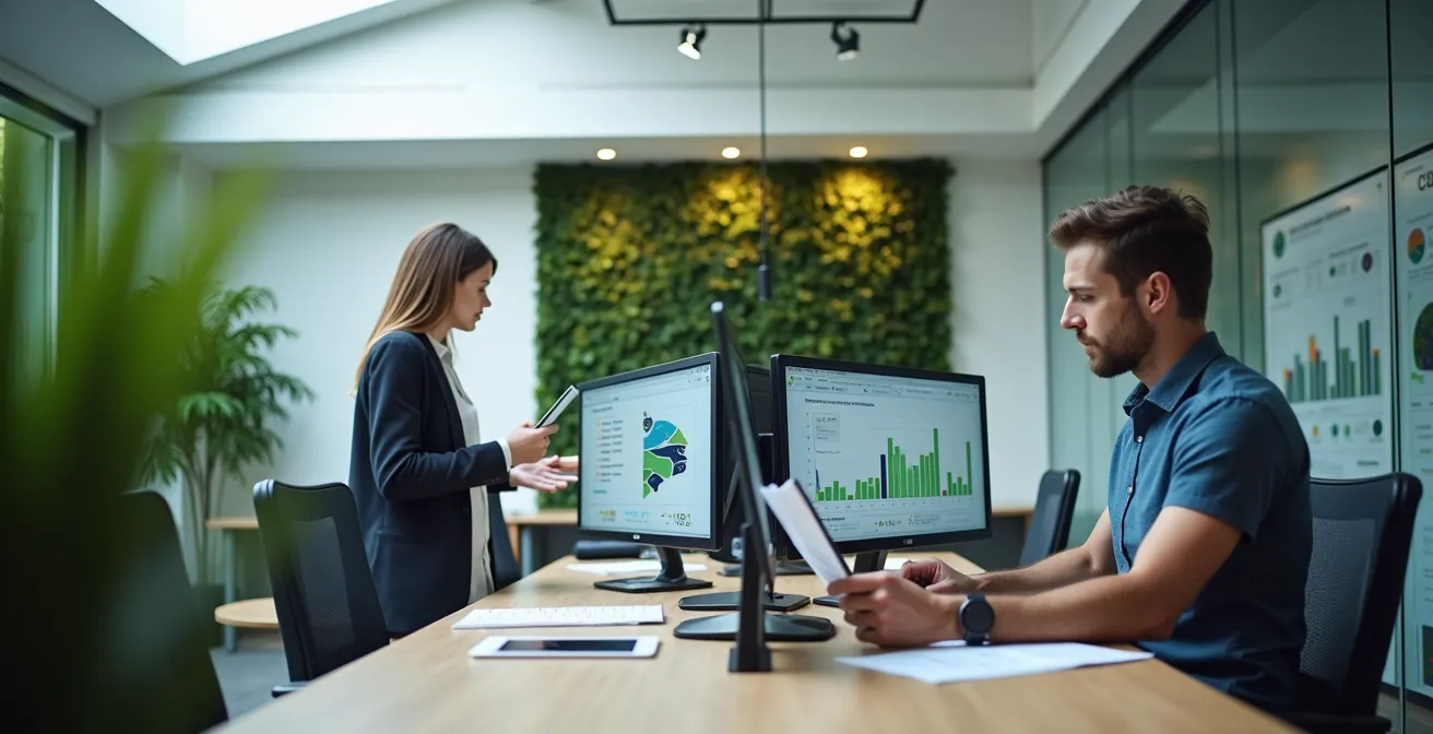Ein Sustainability Manager arbeitet an strategischen Dokumenten und tauscht sich mit verschiedenen Abteilungen aus
