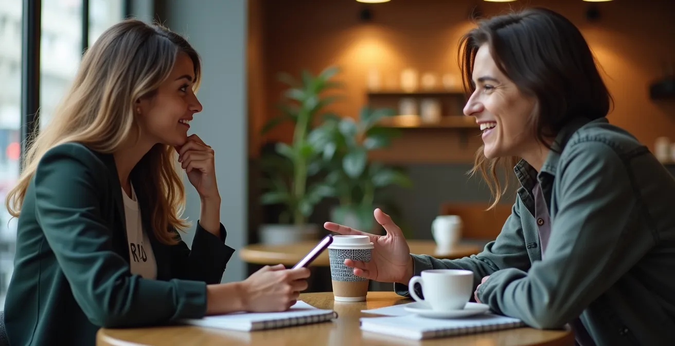 Zwei Personen beim Sprachaustausch mit Notizen und Timer in einem Café, was die strukturierte Interaktion darstellt.