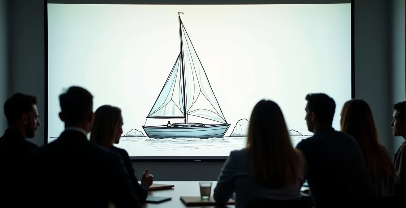 Marketing-Team bei einer Retrospektive mit Segelboot-Metapher an Whiteboard