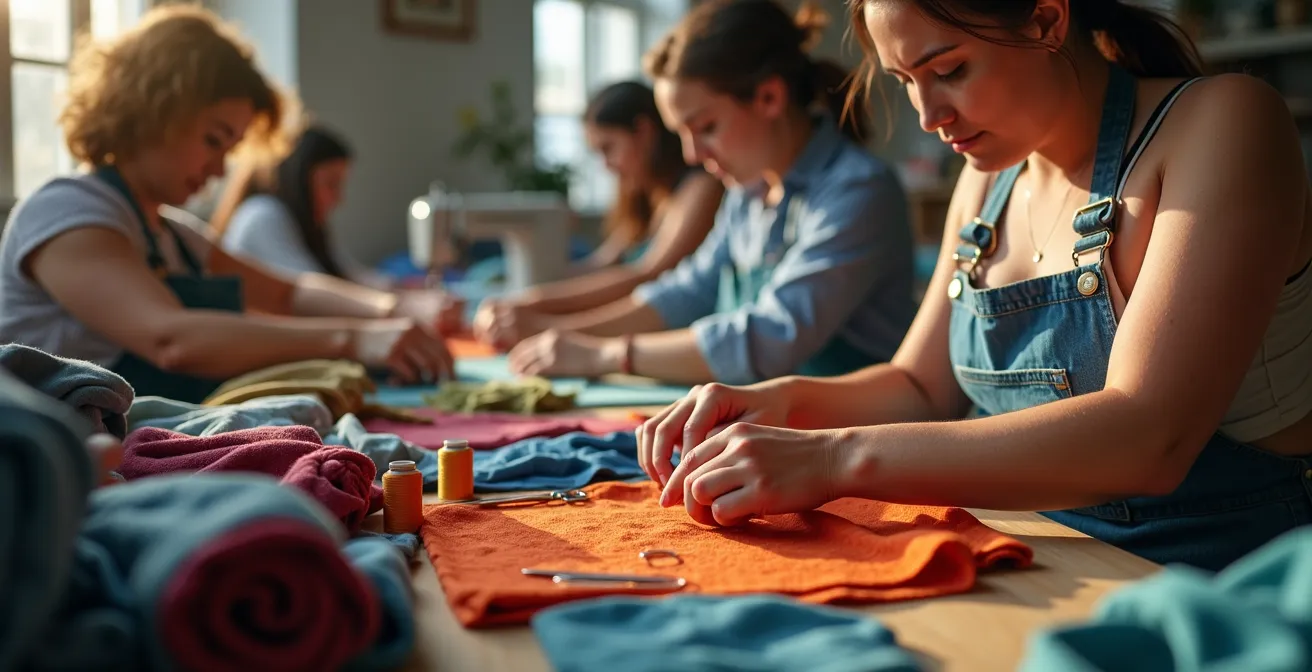 Innovative Textilrecycling-Prozesse, bei denen Hände sorgfältig Stoffe für das Upcycling sortieren.