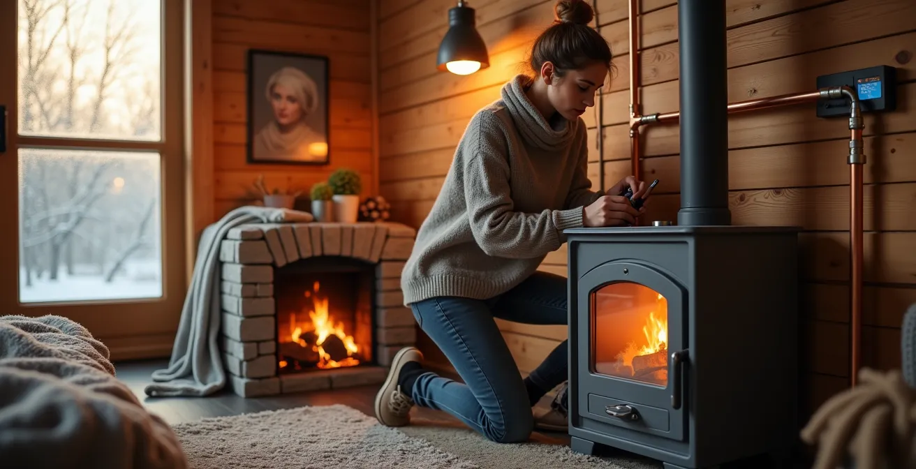 Infrarot-Fußbodenheizung und Holzofen im gemütlichen Tiny House Interieur