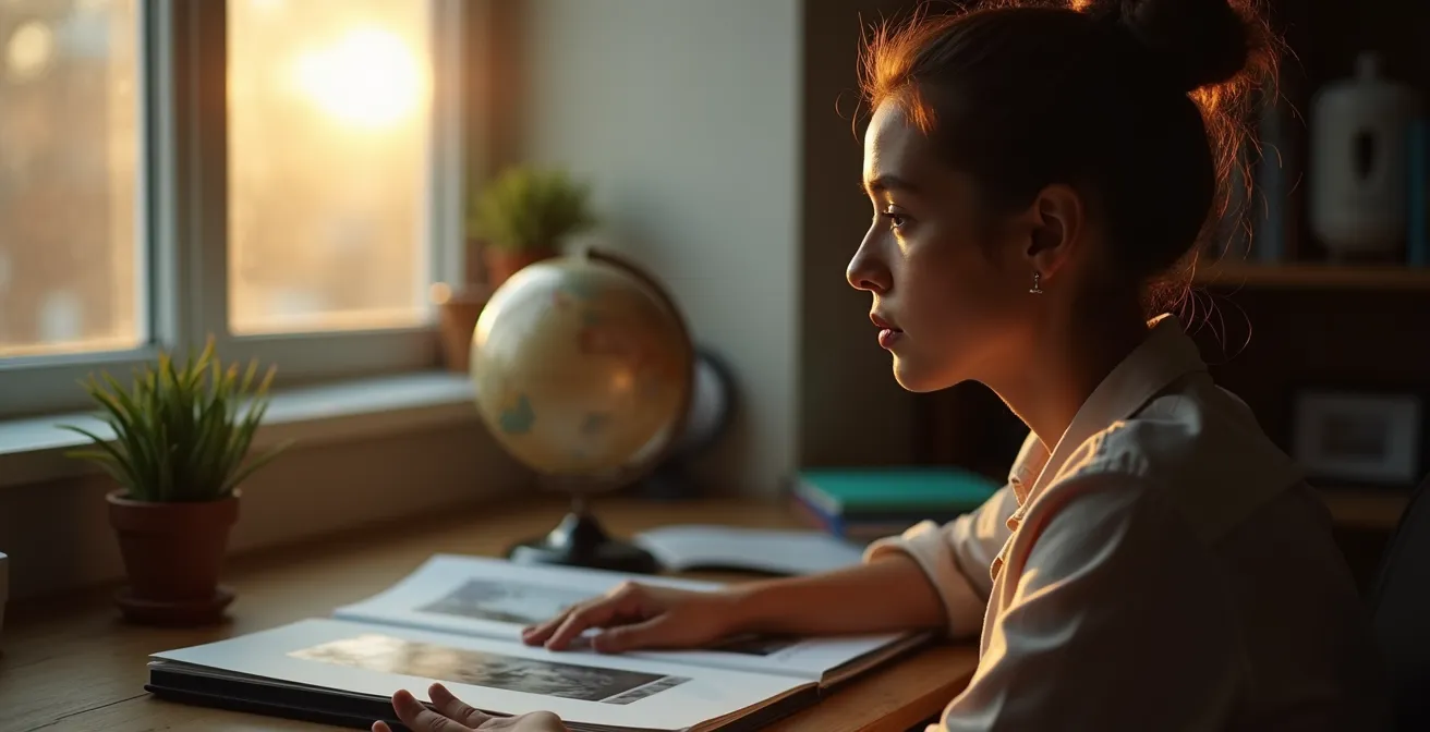 Eine Person sitzt nachdenklich an ihrem Schreibtisch und integriert ihre Reiseerfahrungen in den neuen Arbeitsalltag.