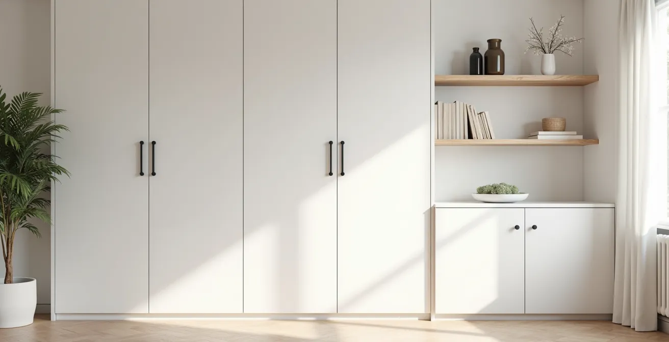 Raumhoher Einbauschrank in Wandfarbe verschmilzt mit der Architektur