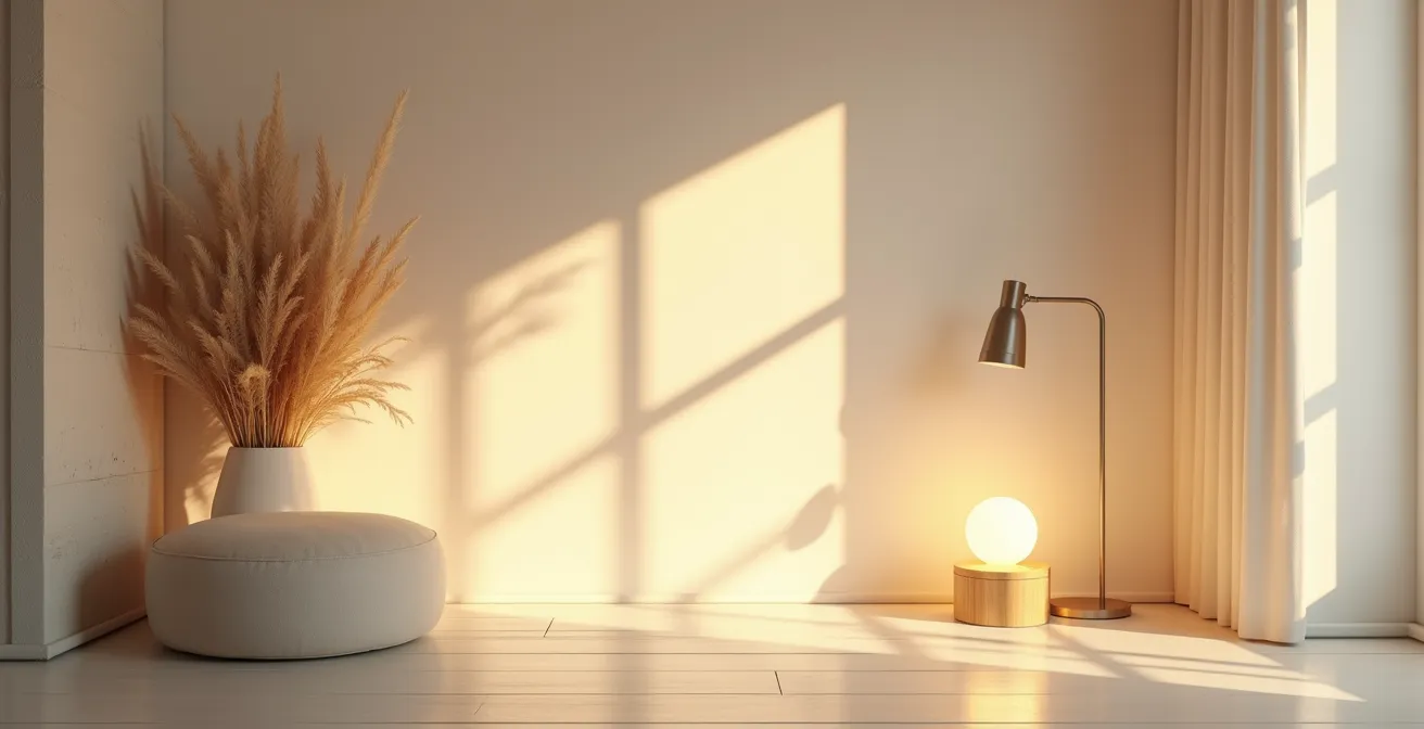 Weißer minimalistischer Raum mit warmem indirektem Licht und Lichtinseln