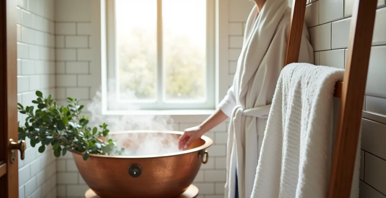 Kleines Badezimmer verwandelt in eine Wellness-Oase mit hochwertigen Textilien und natürlichen Elementen