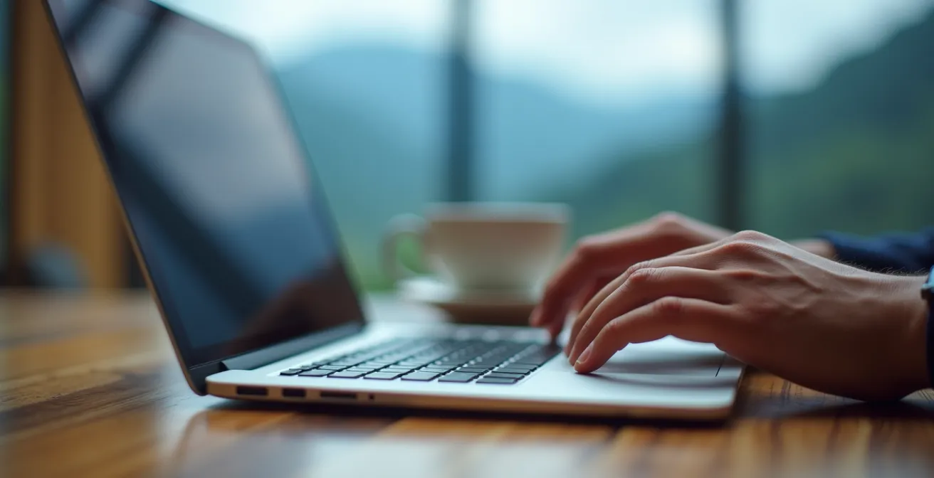 Person arbeitet mit Laptop auf sonnigem Balkon mit Bergblick während Workation