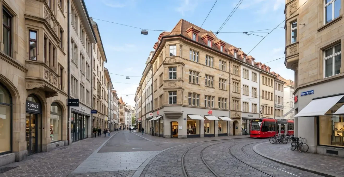 Weitwinkelaufnahme der Basler Innenstadt, Freie Strasse mit charakteristischer Schweizer Architektur an einem hellen Tag
