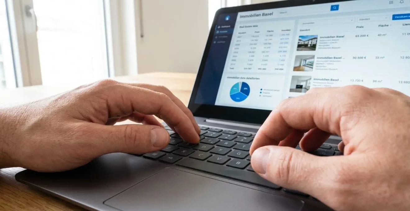 Nahaufnahme von Händen, die auf einer modernen Laptop-Tastatur tippen, im unscharfen Hintergrund ein Bildschirm mit Immobiliendaten